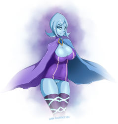 Rule 34 | 1girl, alternate breast size, alternate legwear, blue eyes, blue hair, blue skin, breasts, cape, cleavage, cleft of venus, clothes lift, colored skin, dress, dress lift, erection, fi (zelda), highres, hizzacked, large breasts, matching hair/eyes, nintendo, no panties, pussy, short hair, solo, the legend of zelda, thighhighs, uncensored, watermark, web address