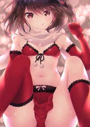 Rule 34 | 1girl, :q, asymmetrical legwear, bare shoulders, bikini, black ribbon, blush, bow skirt, breasts, brown eyes, brown hair, closed mouth, elbow gloves, feet up, front-tie bikini top, front-tie top, gloves, hand up, heart, heart background, highres, kantai collection, kneehighs, knees up, looking at viewer, miniskirt, navel, pom pom (clothes), red bikini, red gloves, red skirt, red socks, ribbon, scarf, sendai (kancolle), short hair, single kneehigh, single sock, single thighhigh, sitting, skirt, small breasts, smile, socks, solo, stomach, swimsuit, tassel, thighhighs, tongue, tongue out, tsukimochikuriko (tsukimochi k), uneven legwear, white ribbon, white scarf