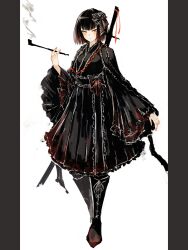 Rule 34 | 1girl, absurdres, akita (akitakipuromun), black flower, black footwear, black hair, black hakama, black kimono, black ribbon, black rose, boots, closed mouth, commentary request, cross-laced footwear, flower, full body, gothic lolita, hair flower, hair ornament, hair ribbon, hakama, hakama skirt, highres, holding, holding smoking pipe, japanese clothes, kimono, kiseru, lace-up boots, limbus company, lolita fashion, long sleeves, project moon, red eyes, ribbon, rose, ryoshu (project moon), short hair, skirt, smoke, smoking pipe, solo, sword, wa lolita, weapon, weapon on back, wide sleeves