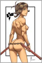 Rule 34 | !, 1girl, 2011, ac120, ass, bracelet, breasts, brown hair, closed mouth, completely nude, cowboy shot, dated, female focus, final fantasy, final fantasy viii, from behind, gluteal fold, green eyes, holding, holding nunchaku, holding weapon, jewelry, looking to the side, nipples, nude, nunchaku, pussy, selphie tilmitt, short hair, shoulder blades, sideboob, small breasts, solo, standing, weapon