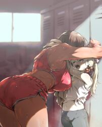 Rule 34 | 2girls, after kiss, ass, bent over, blonde hair, bracelet, breasts, brown hair, dark-skinned female, dark skin, day, gym uniform, hair ribbon, hand on another&#039;s neck, height difference, highres, indoors, jewelry, kabedon, kei (m k), large breasts, locker, locker room, long hair, m k, midriff, multiple girls, navel, one eye closed, open mouth, original, pale skin, petite, ponytail, ribbon, rika (m k), saliva, saliva trail, short hair, sunlight, sweat, tall, tall female, thighs, tomboy, tongue, yuri