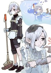 Rule 34 | 1boy, androgynous, bandaid, bandaid on leg, black eyes, dungeon meshi, gapamopa, gloves, highres, holding, holding mop, maid, maid headdress, mask, mithrun, mop, mouth mask, pointy ears, short hair, simple background, solo, trap, white background, white gloves, white hair