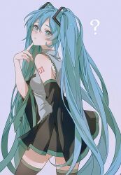 Rule 34 | 1girl, ?, absurdres, bare shoulders, black skirt, black sleeves, blue eyes, blue hair, cowboy shot, detached sleeves, finger to own chin, from behind, grey shirt, hair between eyes, hair ornament, hand up, hatsune miku, highres, long hair, long sleeves, looking at viewer, looking back, mameko (l8 w3), miniskirt, number tattoo, shirt, simple background, skirt, sleeveless, sleeveless shirt, solo, standing, tattoo, thighhighs, twintails, very long hair, vocaloid, wide sleeves, zettai ryouiki