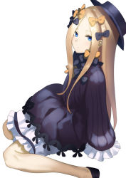 Rule 34 | 1girl, abigail williams (fate), bad id, bad pixiv id, black bow, black dress, black footwear, black hat, blonde hair, bloomers, blue eyes, bow, bug, butterfly, closed mouth, commentary request, dress, fate/grand order, fate (series), forehead, hair bow, hat, highres, insect, long hair, long sleeves, looking at viewer, muunyan (yumenekoya), orange bow, parted bangs, polka dot, polka dot bow, shoes, simple background, sitting, sleeves past fingers, sleeves past wrists, solo, underwear, very long hair, wariza, white background, white bloomers