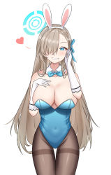 Rule 34 | 1girl, absurdres, adjusting hair, animal ears, aqua bow, aqua bowtie, aqua leotard, aqua ribbon, asuna (blue archive), asuna (bunny) (blue archive), bare arms, bare shoulders, black pantyhose, blue archive, bow, bowtie, breasts, brown hair, cha lezi, cleavage, commentary request, covered navel, cowboy shot, detached collar, fake animal ears, forehead, gloves, hair over one eye, hair over shoulder, hair ribbon, halo, hand on own chest, heart, highleg, highleg leotard, highres, large breasts, leotard, long hair, looking at viewer, official alternate costume, pantyhose, parted bangs, playboy bunny, ribbon, simple background, solo, strapless, strapless leotard, thigh gap, white background, white gloves, ||/