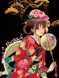 Rule 34 | 1girl, absurdres, black background, black gloves, blush, braid, brown eyes, brown hair, butterfly hair ornament, commentary request, floral print, flower, gloves, hair between eyes, hair flower, hair ornament, hand fan, highres, holding, holding fan, japanese clothes, kimono, lipstick, long sleeves, looking at viewer, makeup, matsuo hiromi, obi, original, paper fan, parted lips, red kimono, red lips, sash, simple background, single glove, solo, upper body, wide sleeves