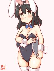 Rule 34 | 1girl, alternate costume, animal ears, black hair, black leotard, blush, bow, bowtie, breasts, covered navel, detached collar, fake animal ears, fake tail, grey eyes, hair ornament, hairclip, kanon (kurogane knights), kantai collection, leotard, medium breasts, medium hair, one-hour drawing challenge, oyashio (kancolle), playboy bunny, rabbit ears, solo, strapless, strapless leotard, tail, thighhighs, traditional bowtie, tray, white thighhighs, wrist cuffs