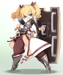 Rule 34 | 1girl, armor, belt, blonde hair, blue eyes, boots, fortress (sekaiju), greaves, hammer, highres, karukan (monjya), open mouth, pouch, etrian odyssey, sekaiju no meikyuu 4, shield, short hair, smile, solo, twintails, weapon