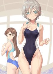 Rule 34 | 2girls, anastasia (idolmaster), ass, bare arms, bare back, bare legs, blue eyes, blush, breasts, brown eyes, brown hair, ceiling, cleavage, collarbone, competition swimsuit, gluteal fold, grey hair, hair between eyes, highres, idolmaster, idolmaster cinderella girls, indoors, long hair, looking at viewer, looking back, medium breasts, multiple girls, nitta minami, one-piece swimsuit, rum raisin (chihiromakita19), short hair, sleeveless, smile, swimsuit, thighs, wet, wet clothes, wet hair, wet swimsuit, window