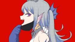 Rule 34 | 1girl, adjusting mask, bandaid, bandaid on neck, bare shoulders, collar, duel monster, fangs, fins, grey hair, head fins, highres, long hair, mask, metal collar, mouth mask, open mouth, purple eyes, red background, simple background, sleeves past fingers, sleeves past wrists, solo, tago sota, tearlaments scheiren, tiara, tongue, two side up, vampire (vocaloid), yu-gi-oh!