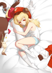 Rule 34 | 1girl, absurdres, ahoge, alternate costume, armpits, ass, backpack, bag, bag charm, bed, bed sheet, breasts, cabbie hat, charm (object), clover print, coat, commentary request, dodoco (genshin impact), from above, genshin impact, hair between eyes, hat, hat feather, hat ornament, highres, hugging object, klee (genshin impact), kneehighs, light brown hair, long hair, long sleeves, looking at viewer, looking up, low twintails, lying, mushroom, on side, panties, pillow, pillow hug, pointy ears, qi ri bei feng, randoseru, red coat, red eyes, sideboob, sidelocks, singlet, small breasts, smile, socks, solo, striped clothes, striped panties, twintails, underwear, unworn clothes, white socks