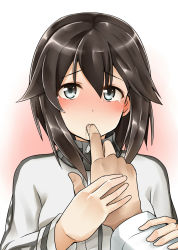 Rule 34 | 10s, 1boy, 1girl, black hair, blush, breasts, finger in another&#039;s mouth, finger sucking, grey eyes, hair between eyes, hayasui (kancolle), highres, jacket, kamelie, kantai collection, long sleeves, looking at viewer, pov, saliva, short hair, tears, track jacket, zipper