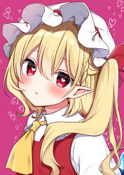 Rule 34 | 1girl, ascot, blonde hair, blush, collared shirt, crystal, flandre scarlet, hair between eyes, hat, heart, highres, long hair, mob cap, one side up, parted lips, pink background, pointy ears, red eyes, red vest, shinonome asu, shirt, simple background, solo, touhou, twitter username, vest, white hat, white shirt, wings, yellow ascot