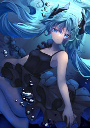 Rule 34 | 1girl, absurdres, black bow, black dress, blue eyes, blue hair, blue theme, bow, breasts, cleavage, collarbone, dress, floating hair, hair between eyes, hair bow, halha 20, hatsune miku, highres, layered dress, long hair, looking at viewer, parted lips, pleated dress, shinkai shoujo (vocaloid), short dress, sideboob, signature, sleeveless, sleeveless dress, small breasts, solo, twintails, underwater, very long hair, vocaloid
