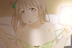 Rule 34 | 10s, 1girl, bare shoulders, between breasts, blush, bow, breasts, brown eyes, cleavage, clothes pull, feitonokesin, glowstick, green bow, grey hair, hair bow, indoors, lamp, long hair, looking at viewer, love live!, love live! school idol project, medium breasts, minami kotori, off shoulder, side ponytail, solo