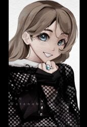Rule 34 | 1girl, alternate hairstyle, blue eyes, brown hair, english text, facing viewer, jewelry, long hair, long sleeves, looking at viewer, love live!, love live! sunshine!!, niant9n, photo-referenced, ring, solo, watanabe you