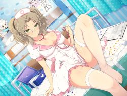 Rule 34 | 1girl, bed, bed sheet, breasts, cleavage, clinic, glasses, green eyes, hat, highres, hospital, hospital bed, imu (senran kagura), large breasts, light brown hair, looking at viewer, nurse, nurse cap, on bed, parted bangs, puffy short sleeves, puffy sleeves, senran kagura, short sleeves, short twintails, sidelocks, thighhighs, twintails, white thighhighs, yaegashi nan
