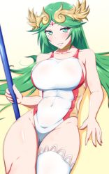 Rule 34 | 1girl, bare shoulders, blush, breasts, choker, competition swimsuit, covered navel, danpu, female focus, green eyes, green hair, highres, kid icarus, large breasts, long hair, looking at viewer, matching hair/eyes, nintendo, one-piece swimsuit, open mouth, palutena, simple background, single thighhigh, smile, solo, staff, swimsuit, thick thighs, thighhighs, thighs, tiara, very long hair, white thighhighs