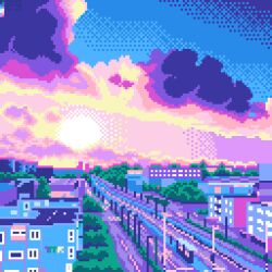 Rule 34 | apartment, building, city, cityscape, cloud, cloudy sky, evening, highres, highway, no humans, original, pixel art, power lines, purple sky, purple theme, road, scenery, sky, sky focus, sunset, tomoruka mr, window