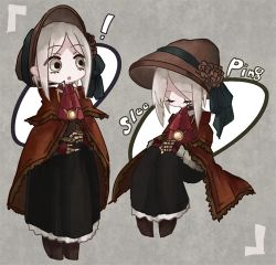 Rule 34 | !, 1girl, :o, bad id, bad twitter id, black skirt, bloodborne, bonnet, chibi, cloak, closed eyes, doll joints, flower, green eyes, joints, long skirt, lowres, nirco, open mouth, own hands together, plain doll, rose, short hair, silver hair, simple background, skirt, sleeping, solo, surprised, swept bangs