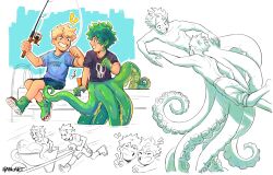 Rule 34 | !, !!, 2boys, bakugou katsuki, black shirt, blonde hair, blue shirt, boku no hero academia, closed eyes, commentary, english commentary, fins, fishing, fishing rod, freckles, green footwear, green hair, habkart, head fins, highres, holding, holding fishing rod, looking at another, male focus, midoriya izuku, multiple boys, octopus boy, open mouth, shirt, short hair, short sleeves, shorts, simple background, sitting, skull print, smile, spiked hair, suction cups, swimming, tentacles, topless male, v, wheelbarrow, white background, worm, yaoi