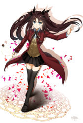 Rule 34 | 1girl, absurdres, black thighhighs, blue eyes, brown hair, command spell, fate/stay night, fate (series), highres, homurahara academy school uniform, jacket, long hair, looking at viewer, magic circle, makise minami, school uniform, skirt, solo, thighhighs, thighs, tohsaka rin, twintails, two side up, type-moon, very long hair, zettai ryouiki