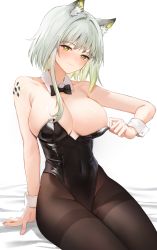 Rule 34 | 1girl, animal ear fluff, animal ears, areola slip, arknights, arm support, bare shoulders, black bow, black bowtie, black leotard, black pantyhose, blush, bow, bowtie, breasts, cleavage, closed mouth, commentary, covered navel, detached collar, english commentary, green eyes, green hair, heart, heart-shaped pupils, highres, kal&#039;tsit (arknights), karacak, large breasts, leotard, looking at viewer, pantyhose, playboy bunny, short hair, sitting, smile, solo, symbol-shaped pupils, thighband pantyhose