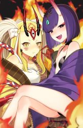 Rule 34 | 2girls, ;d, bare shoulders, blonde hair, breasts, commentary, earrings, facial mark, fang, fate/grand order, fate (series), horns, ibaraki douji (fate), jewelry, kinsenka momi, long hair, looking at viewer, multiple girls, one eye closed, oni, open mouth, purple eyes, purple hair, revealing clothes, short hair, shuten douji (fate), shuten douji (first ascension) (fate), skin-covered horns, small breasts, smile, yellow eyes