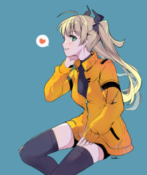 Rule 34 | 1girl, ahoge, black shirt, black shorts, black thighhighs, blue background, blush, breasts, brown hair, feet out of frame, green eyes, grin, hand up, heart, jacket, long hair, long sleeves, looking at viewer, medium breasts, orange jacket, original, profile, shirt, short shorts, shorts, signature, simple background, sleeves past wrists, smile, solo, spoken heart, suihi, thighhighs, twintails, very long hair