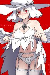 Rule 34 | 1girl, blush, breasts, character name, cleavage, closed mouth, clothes lift, criss-cross halter, dress, dress lift, feathered wings, garter belt, garter straps, halterneck, hat, large breasts, lifted by self, looking at viewer, medium hair, original, oso (toolate), panties, red background, red eyes, solo, sweat, thighhighs, torn clothes, torn dress, underwear, white hair, white hat, white panties, white thighhighs, white wings, wings