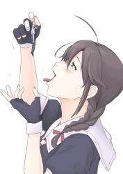 Rule 34 | 1boy, 1girl, ahoge, black hair, black serafuku, blue eyes, blush, braid, fingerless gloves, from side, giant, giantess, gloves, head back, highres, holding person, imminent vore, kantai collection, long hair, looking at another, looking up, mini person, miniboy, naughty face, open mouth, school uniform, serafuku, shigure (kancolle), simple background, size difference, soft vore, tongue, tongue out, vent arbre, vore, white background