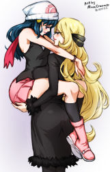 Rule 34 | 2girls, age difference, arms around neck, ass grab, beanie, black coat, black pants, black shirt, black tank top, blonde hair, blue hair, blush, boots, bracelet, carrying, coat, creatures (company), cynthia (pokemon), dawn (pokemon), eye contact, game freak, hair ornament, hand on ass, hat, jewelry, long hair, looking at another, mina cream, multiple girls, nintendo, pants, pink scarf, pink skirt, pokemon, pokemon dppt, scarf, shirt, skirt, socks, tank top, yuri