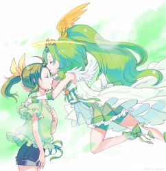 Rule 34 | 10s, 2girls, bare shoulders, bike shorts, bow, bowtie, brooch, casual, cherico, closed eyes, cure march, cure march (princess form), dress, dual persona, green dress, green hair, green shirt, green shorts, green skirt, green theme, hair ribbon, halo, head wings, high heels, jewelry, kiss, kissing forehead, long hair, magical girl, midorikawa nao, multiple girls, pleated skirt, ponytail, precure, princess form (smile precure!), ribbon, shirt, shoes, short hair, shorts, shorts under skirt, skirt, smile precure!, tiara, wings, yuri