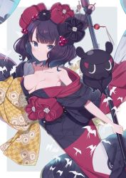 Rule 34 | 1girl, animal, bare shoulders, black hair, black kimono, blue eyes, blush, breasts, calligraphy brush, closed mouth, collarbone, commentary request, fate/grand order, fate (series), floral print, grey background, hair ornament, highres, holding, holding paintbrush, japanese clothes, katsushika hokusai (fate), kimono, looking at viewer, medium breasts, obi, octopus, off shoulder, oversized object, paintbrush, sash, tokitarou (fate), totatokeke, two-tone background, white background