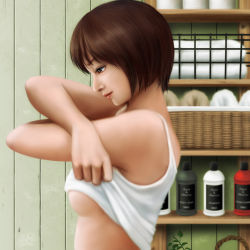 Rule 34 | 1girl, areola slip, basket, blurry, bottle, breasts, brown eyes, brown hair, clothes lift, crossed arms, depth of field, ebi (eeotoko), from side, highres, medium breasts, no bra, original, plant, shirt, shirt lift, solo, tank top, towel, underboob, undressing, white shirt, wooden wall