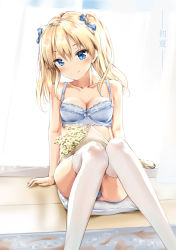 Rule 34 | 1girl, absurdres, blonde hair, blue eyes, blush, bouquet, bra, breasts, flower, hair ribbon, highres, knees together feet apart, legs together, lingerie, medium breasts, original, panties, ribbon, rokiya, shoulder blades, sitting, sitting on pillow, smile, solo, thighhighs, twintails, underwear, white thighhighs