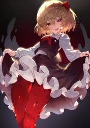 Rule 34 | 1girl, :p, ascot, black skirt, blonde hair, clothes lift, hair between eyes, hair ribbon, highres, lifted by self, long sleeves, looking at viewer, pantyhose, red ascot, red eyes, red pantyhose, red ribbon, ribbon, rumia, short hair, skirt, skirt lift, smile, solo, standing, thighs, tongue, tongue out, touhou, u u zan