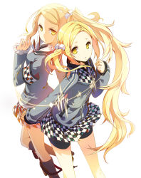 Rule 34 | 2girls, :o, armband, bad id, bad pixiv id, bike shorts, blonde hair, boots, boy meets heart!, boy meets heart! 2, character request, h2so4, jacket, long hair, multiple girls, open mouth, ponytail, sailor collar, school uniform, shiromiya mai, short ponytail, siblings, side ponytail, simple background, sisters, skirt, yellow eyes