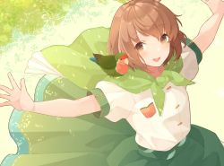 Rule 34 | 1girl, alternate costume, animal, bird, blouse, blush, brown eyes, brown hair, commission, green skirt, hair between eyes, kantai collection, open mouth, outstretched arms, puffy short sleeves, puffy sleeves, shakemi (sake mgmgmg), shirt, short hair, short sleeves, skeb commission, skirt, smile, solo, spread arms, white shirt, yukikaze (kancolle)