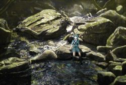 Rule 34 | 1girl, backpack, bad id, bad pixiv id, bag, black hair, blue eyes, boots, dress, green hat, haripon, hat, kawashiro nitori, key, nature, partially submerged, pocket, reflection, ripples, river, rock, rubber boots, scenery, shirt, short hair, short sleeves, short twintails, sitting, sitting on rock, skirt, skirt set, smile, solo, sparkle, standing, stone, touhou, twintails, two side up, wading, water