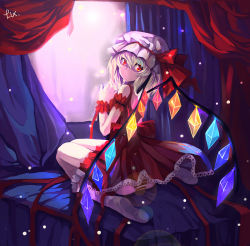 Rule 34 | 1girl, arm garter, ass, bad id, bad pixiv id, blonde hair, dress, embodiment of scarlet devil, female focus, flandre scarlet, from behind, hat, hat ribbon, looking back, panties, red eyes, ribbon, short hair, sitting, socks, solo, striped clothes, striped panties, touhou, underwear, wariza, white socks, wings, wrist cuffs, zhuxiao517