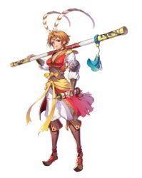 Rule 34 | 1girl, alternate costume, armor, black choker, bo staff, boots, brown footwear, choker, circlet, collarbone, cosplay, facial mark, frown, gold circlet, hair intakes, hair ornament, holding, holding scroll, holding staff, journey to the west, kirishima kanna, knot, light blue tassel, light brown hair, official alternate costume, official art, pants, pointy footwear, purple eyes, ruyi jingu bang, sakura taisen, scroll, sega, short hair, shoulder armor, solo, staff, standing, striped clothes, sun wukong, sun wukong (cosplay), tall female, third-party source, torn clothes, transparent background, vertical-striped clothes, white pants, white sleeves, wind print, yellow tassel