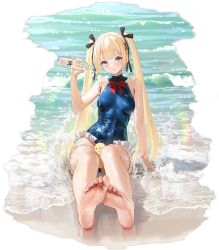Rule 34 | 1girl, azur lane, beach, blonde hair, bottle, breasts, dead or alive, dead or alive xtreme venus vacation, feet, highres, marie rose, outdoors, small breasts, solo, swimsuit, tagme, twintails, water, water bottle