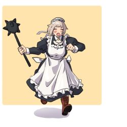 1girl 54kmlikeuniform apron blonde_hair blush closed_eyes dungeon_meshi falin_touden falin_touden_(tallman) hat highres holding holding_mace holding_weapon mace maid open_mouth running spiked_mace spikes weapon