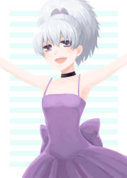 Rule 34 | 00s, 108 (ginyirokoubou), 1girl, :d, armpits, arms up, choker, darker than black, dress, happy, open mouth, outstretched arms, purple dress, purple eyes, silver hair, smile, solo, spread arms, striped, striped background, tooya (gin&#039;iro koubou), yin (darker than black)