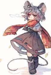 Rule 34 | 1girl, animal ears, black dress, black footwear, black socks, blue capelet, blush, capelet, dress, full body, grey hair, highres, jewelry, long sleeves, mame komari, mouse ears, mouse tail, nazrin, parted lips, pendant, red eyes, red scarf, scarf, shoes, short hair, socks, solo, tail, touhou