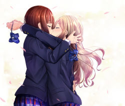 Rule 34 | 2girls, ayase alisa, blazer, blue bow, blue jacket, blue skirt, blush, bow, brown hair, closed eyes, commentary request, eyebrows hidden by hair, facing another, hand in another&#039;s hair, holding, jacket, kiss, kosaka yukiho, light brown hair, long hair, love live!, love live! school idol project, mad (hazukiken), multiple girls, outstretched arms, petals, plaid, plaid skirt, pleated skirt, school uniform, skirt, very long hair, yuri