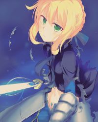 Rule 34 | 1girl, ahoge, armor, armored dress, artoria pendragon (all), artoria pendragon (fate), blonde hair, braid, breasts, cowboy shot, fate/stay night, fate/zero, fate (series), faulds, formal, from side, gauntlets, glowing, glowing sword, glowing weapon, gradient background, green eyes, groin, hair between eyes, hair bun, hair ribbon, holding, holding weapon, huwari (dnwls3010), looking at viewer, magic clothes, midriff, navel, necktie, no panties, ribbon, saber (fate), shirt, short hair with long locks, sidelocks, single hair bun, small breasts, solo, stomach, suit, sword, torn clothes, weapon
