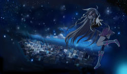 Rule 34 | 1girl, ahoge, bad id, bad pixiv id, blue eyes, boots, braid, cityscape, ia (vocaloid), long hair, looking at viewer, night, open mouth, single thighhigh, skirt, sky, solo, star (sky), starry sky, thigh strap, thighhighs, twin braids, very long hair, vocaloid, yuzusa