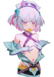 Rule 34 | 1girl, absurdres, breasts, candy, cosplay, cropped legs, dohna dohna issho ni warui koto o shiyou, duplicate, eiroyi, elbow gloves, food, gloves, hair ornament, hair scrunchie, hands on own chest, hat, heart, heart hair ornament, heart-shaped lollipop, highres, lollipop, medico (dohna dohna), medico (dohna dohna) (cosplay), mouth hold, multicolored hair, open clothes, pink eyes, pink hair, pixel-perfect duplicate, porno (dohna dohna), scrunchie, shaped lollipop, short hair, simple background, small breasts, solo, two side up, upper body, white background, white hair